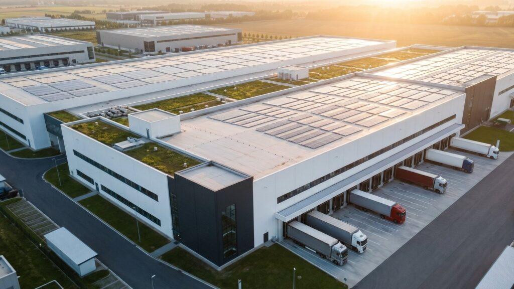 Smax Energy solar module manufacturing facility at golden hour, showing 20 GW production capacity