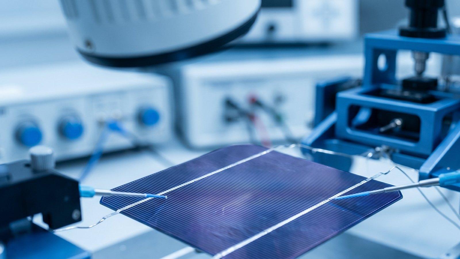 N-type TOPCon solar cell under laboratory measurement equipment, certified at 25.6% efficiency