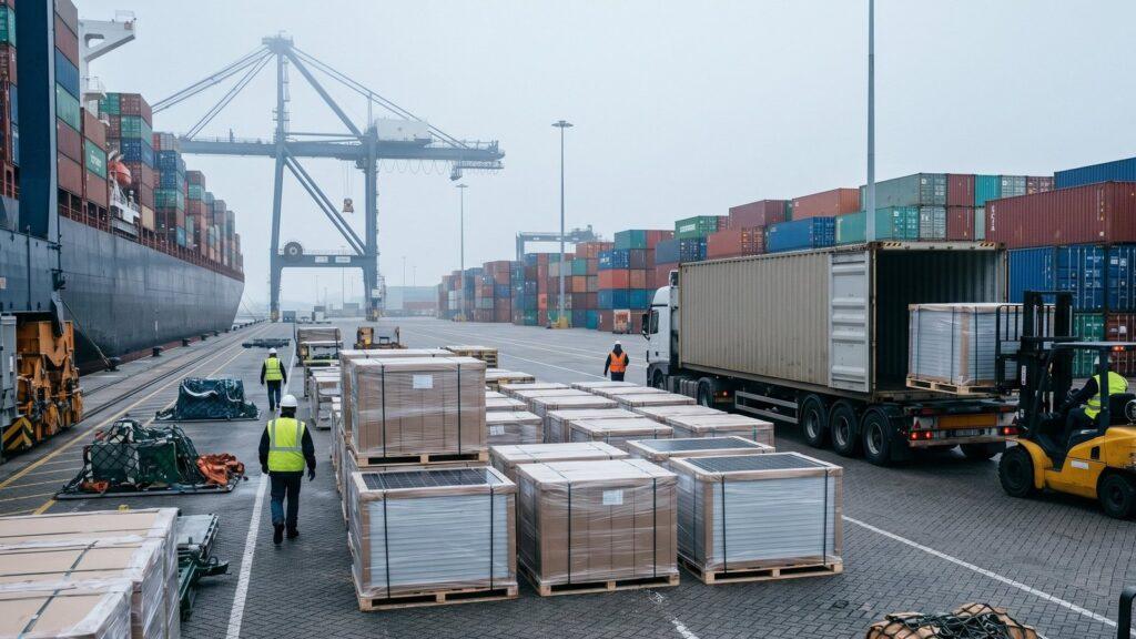 Pallets of Smax Energy SMX-N bifacial solar modules at a maritime port for shipment to Northern Europe