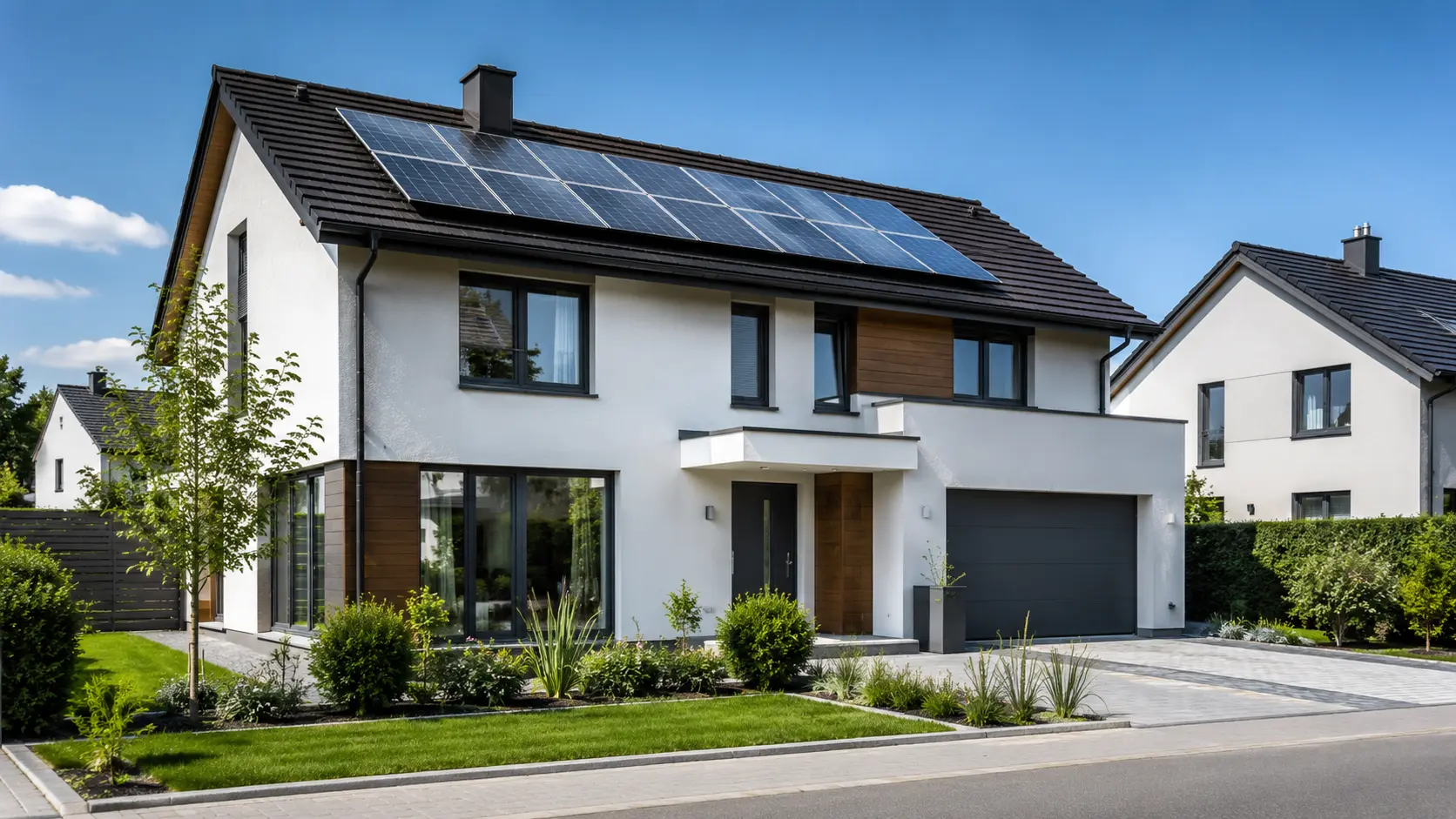 Modern home with SMAX solar panels installed on roof